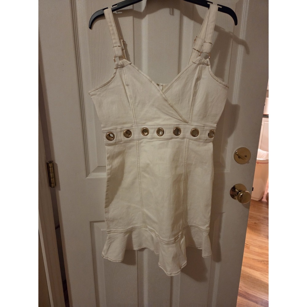 Bebe Eyelet Detail Fit Flare  Denim Dress White Size 6 NWT